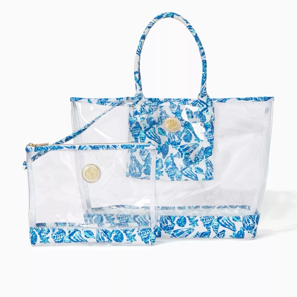 Clear Tote Bag Set with Blue Shell Print - Designer-Inspired
